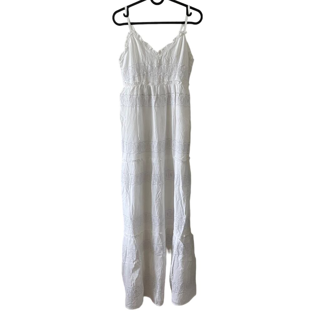 Jessica Simpson Womens Tiered Maxi Sundress Medium White Cottagecore Eyelet Lace
